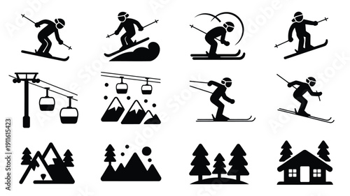 Black winter skiing icons set with silhouettes of skiers mountains trees and ski lifts on white background