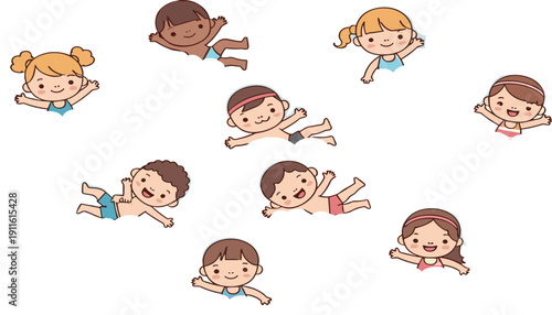 Cute cartoon kids swimming in water vector illustration set with happy children playing during summer vacation