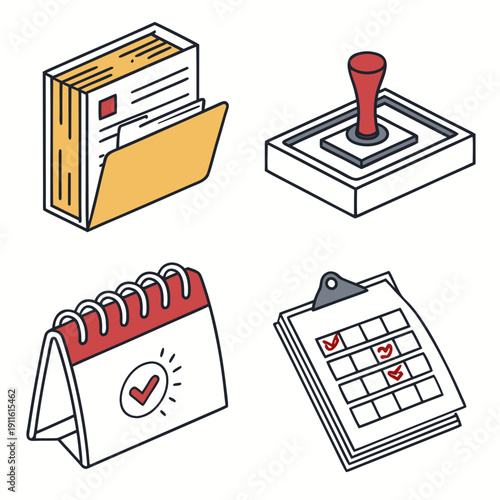 Illustrations of various office supplies and tools for organization and planning Vector