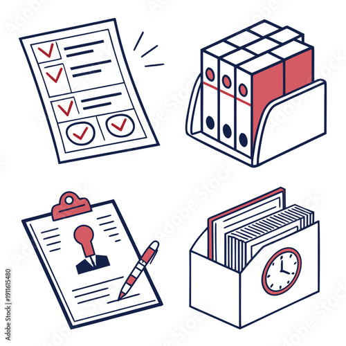 A collection of documents and a mailbox with a red flag raised. Vector