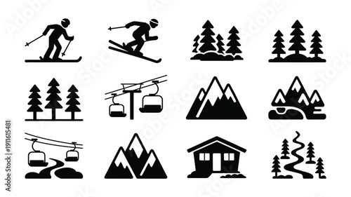 Winter alpine resort silhouette icons set skiers mountains trees and cabins