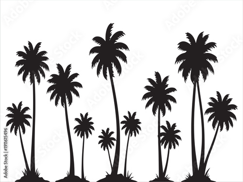 Black and White Silhouette Palm Trees Grouped Together Scenic Illustration