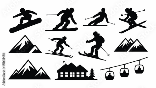 Skiing and snowboarding icons set with mountains lodge and chairlift black silhouettes on white background