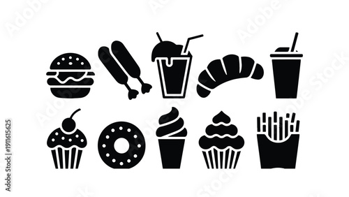Food icons vector illustration with various fast food and dessert symbols