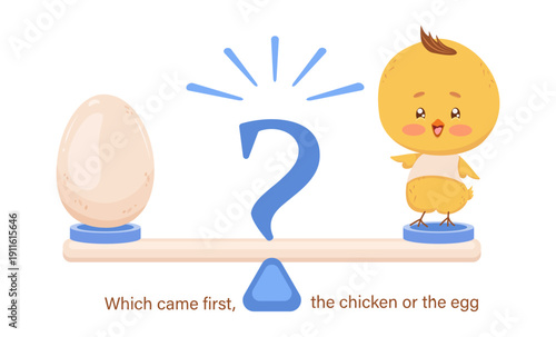 The illustration is symbol of the discussion about the first ancestor: egg or chicken? On swing there is question mark in the center; on the left is light egg, on the right is an anthropomorphic teena
