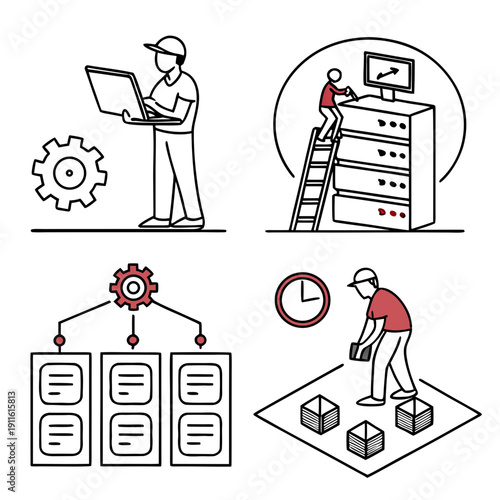 Illustrations of a man, a woman, and a child engaging in various activities. Vector