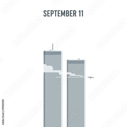 A solemn minimalist illustration depicting two towering structures with a small aircraft in the distance on September 11, a remembrance of a