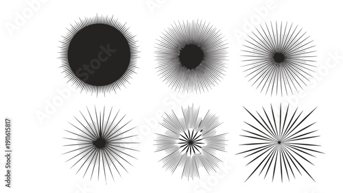 Set of diverse black sunburst or starburst graphic design elements used for creating retro labels, decorative frames, and light effects.