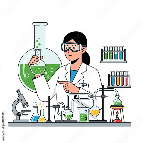 Scientist in Lab Coat Conducting Experiment with Green Liquid in Flask and Microscope