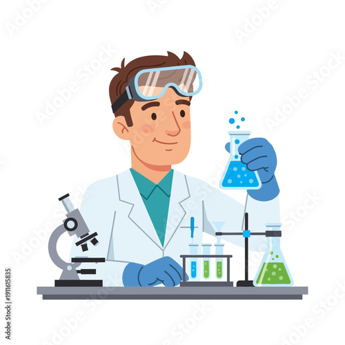 Scientist in lab coat holding flask with blue liquid, microscope and beakers