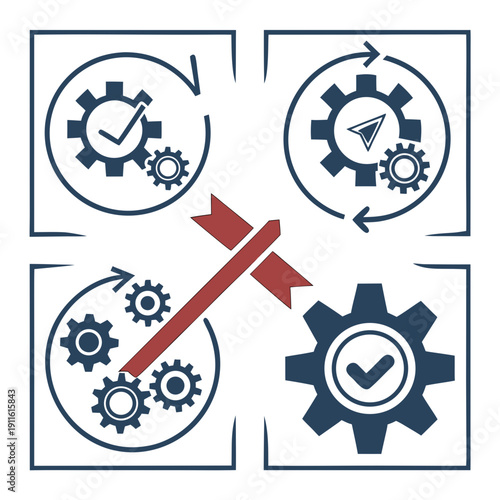 A red cross over four interconnected gears, symbolizing a system failure or breakdown. Vector