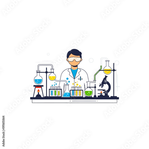 Scientist in Laboratory Conducting Chemical Experiment with Equipment and Microscope