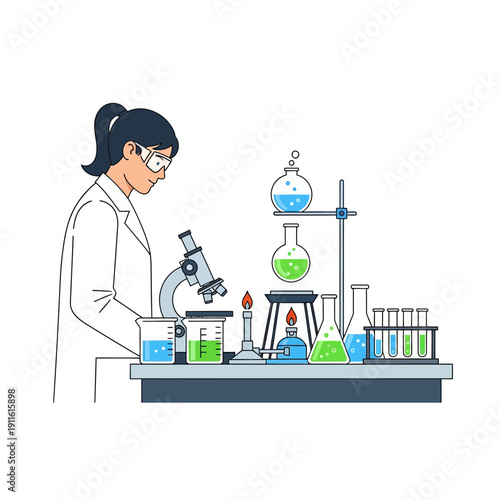 Scientist working in a laboratory with microscope, beakers, and test tubes