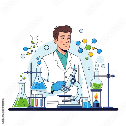 Scientist working in laboratory with microscope and chemical flasks, molecular structures