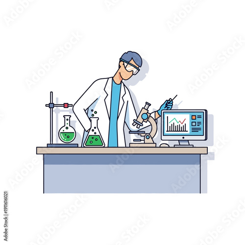 Scientist working in laboratory with microscope, computer, and chemical flasks
