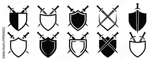Collection of shield and sword icons for game design and heraldry elements