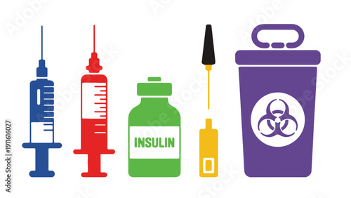 Insulin syringe icon with medical supplies and biohazard container illustration