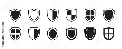 Collection of shields icons in black outline and solid fill, protection and security symbols