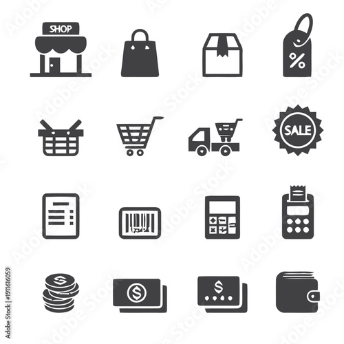 Collection of shopping and commerce icons for retail and finance transactions