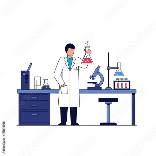 Scientist in Lab Coat Holding Flask with Red Liquid, Microscope and Test Tubes on Desk