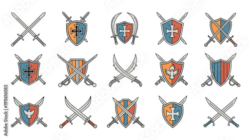 Large collection of medieval heraldic emblems featuring shields paired with crossed swords, daggers, and religious or animal symbols.