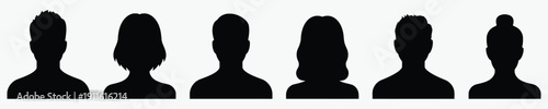 Collection of six black silhouette profile icons of diverse people