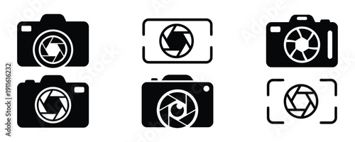 Collection of six camera icons and camera lens symbols