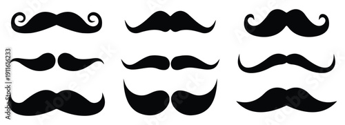 Collection of six different black mustache styles on white background