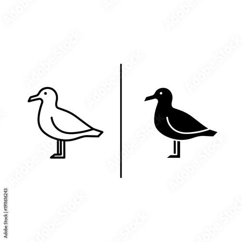 A black and white image of two seagulls standing on either side of a line Vector