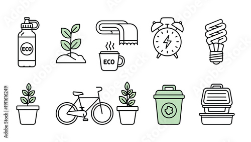 Eco-Friendly Lifestyle Elements: A collection of simple line art icons illustrates an eco-conscious lifestyle, emphasizing sustainable practices, and environmental responsibility.