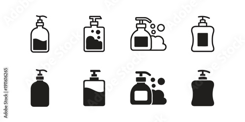 Collection of soap dispenser icons showing liquid soap bottles with foam bubbles for hygiene and cleaning