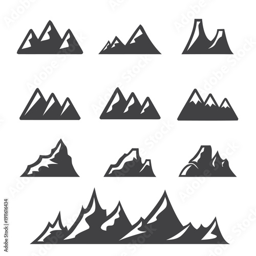 Collection of stylized mountain range icons representing different peaks and summits