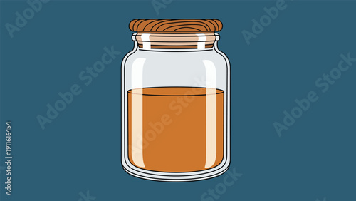 Clear glass jar with a wooden lid filled with honey or another liquid shown against a solid dark blue background for product design.