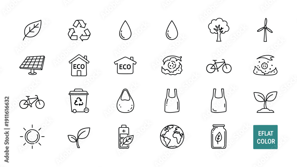 Naklejka premium Eco-Friendly Icon Set: A comprehensive collection of hand-drawn outline icons, symbolizing eco-friendly practices and sustainability. Each icon, from leaves to recycling symbols.