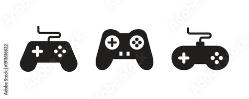 Collection of three video game controllers icon black silhouette on white background