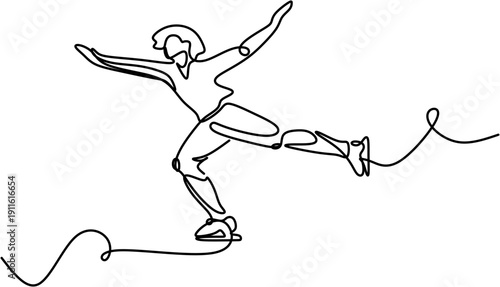 Continuous one line drawing of a person ice skating, minimalist figure skating athlete silhouette isolated on white