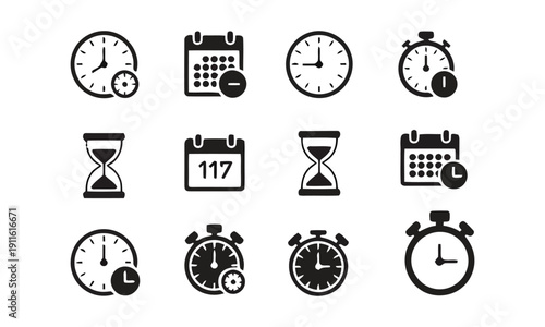 Collection of time and calendar icons including clocks, hourglasses and stopwatches