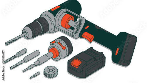 Drill vector illustration with various tools and accessories included