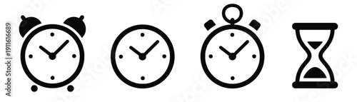Collection of time related icons including alarm clock stopwatch hourglass and simple clock faces