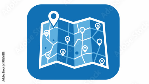 Blue map with location pins icon.
