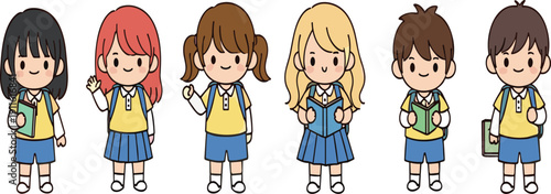 Cute cartoon school children vector illustration set with happy students wearing uniforms isolated on white background
