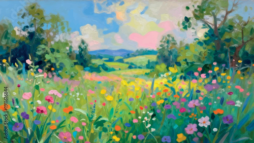 A vibrant wildflower meadow blooms beneath a bright, cloud-filled summer sky.