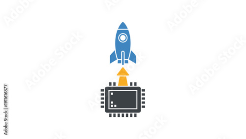 Blue rocket launching from computer chip.