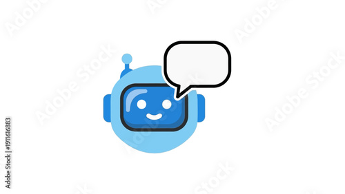 Blue robot with speech bubble.