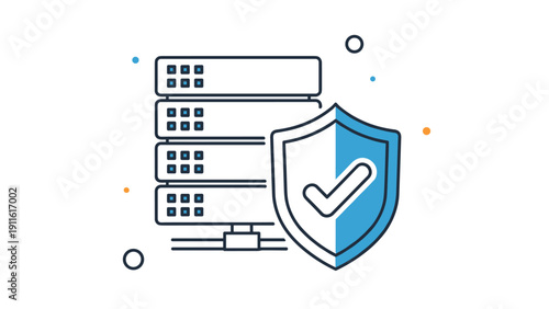 Web hosting server stack icon with a blue shield and checkmark represents data security, verified storage, and information protection.