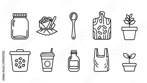 Sustainable Essentials Icon Set: A collection of meticulously crafted icons represents a harmonious blend of sustainable practices and eco-conscious living.