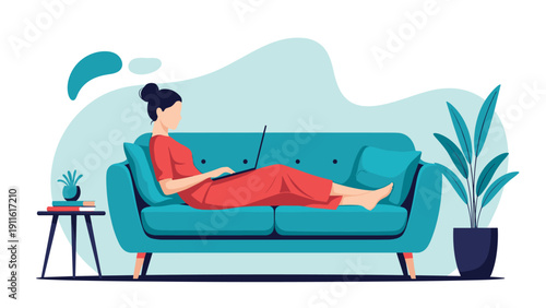 Woman wearing a red dress relaxing on a stylish turquoise sofa while working on her laptop in a modern minimalist living room setting.