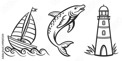 A sailboat, a dolphin, and a lighthouse in a serene seascape illustration Vector