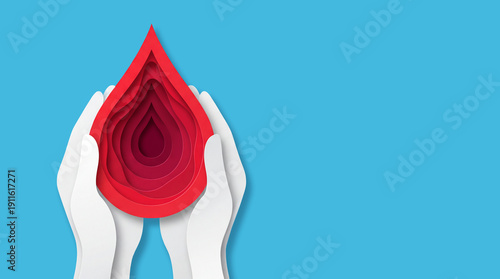 Paper Cut Hands Holding Red Blood Drop, The Concept of Blood Donation Awareness, Life-Saving Support, Hemophilia Patient Advocacy, and Medical Care Illustration for World Blood Donor Day Campaigns,