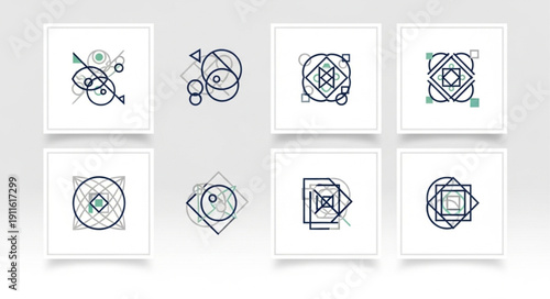Collection of abstract geometric line art designs in square frames.